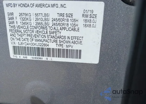 2019 Acura Mdx Standard z USA, uszkodzony, nr VIN 5J8YD4H30KL022564